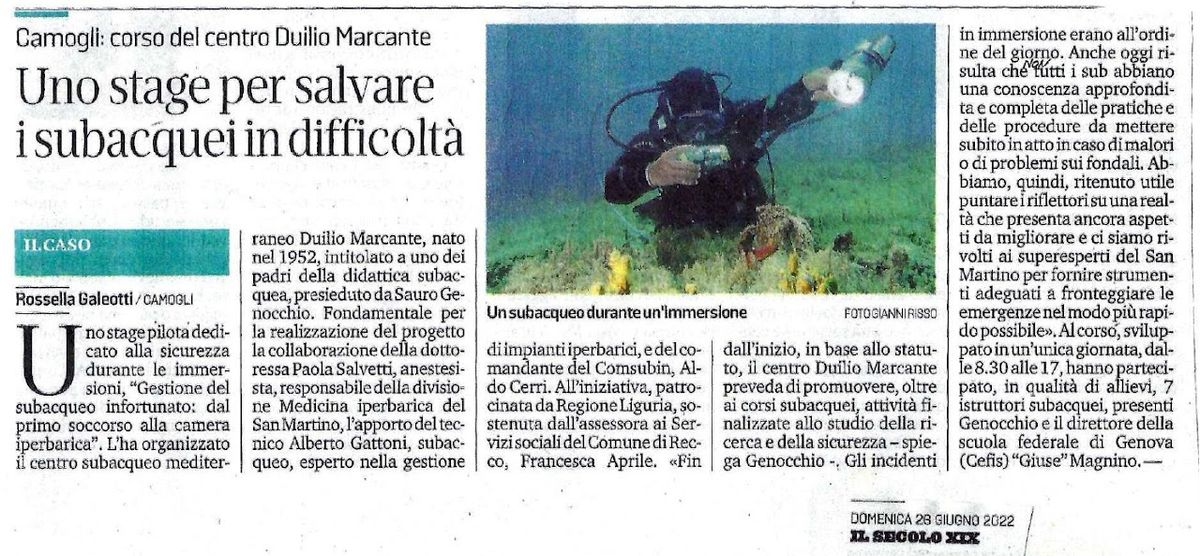 Un articolo del quotidiano Il Secolo XIX che descrive uno stage organizzato dal Centro Subacqueo Duilio Marcante, dedicato alla gestione delle emergenze subacquee e alla sicurezza durante le immersioni