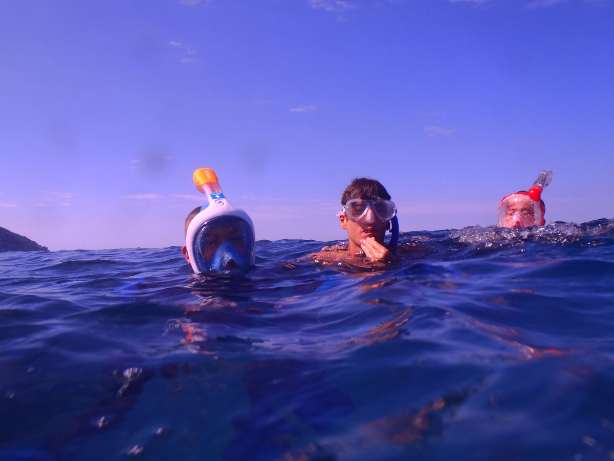 primo piano di allievi e istruttori con maschera in mare durante una uscita di Special Snorkeling
