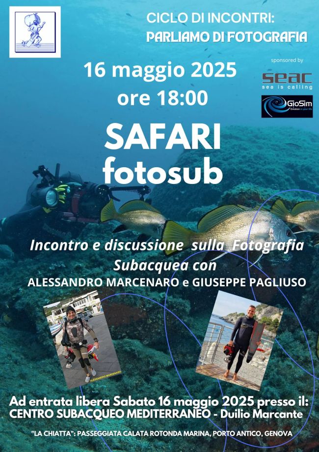 locandina incontro del 16 maggio 2025 ore 18:00 sulla fotografia subacquea, riprende Alessandro Marcenaro e Giuseppe Pagliuso fuori dall'acqua con attrezzatura da fotografo sub