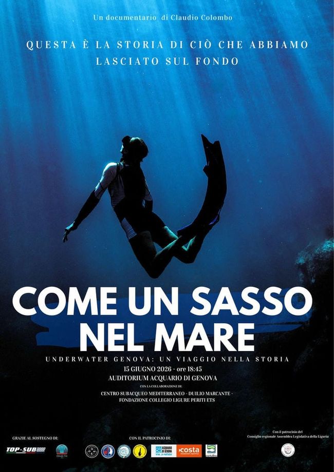 Lunedì 15 Giugno - dalle ore 18:45 - prima in assoluto del documentario Come un sasso nel mare del nostro socio Claudio Colombo | Ingresso su prenotazione, Auditorium dell'acquario, Porto Antico, Genova locandina presentazione documentario Come un sasso nel mare del 15 giugno 2026 presso auditorium acquario di genova